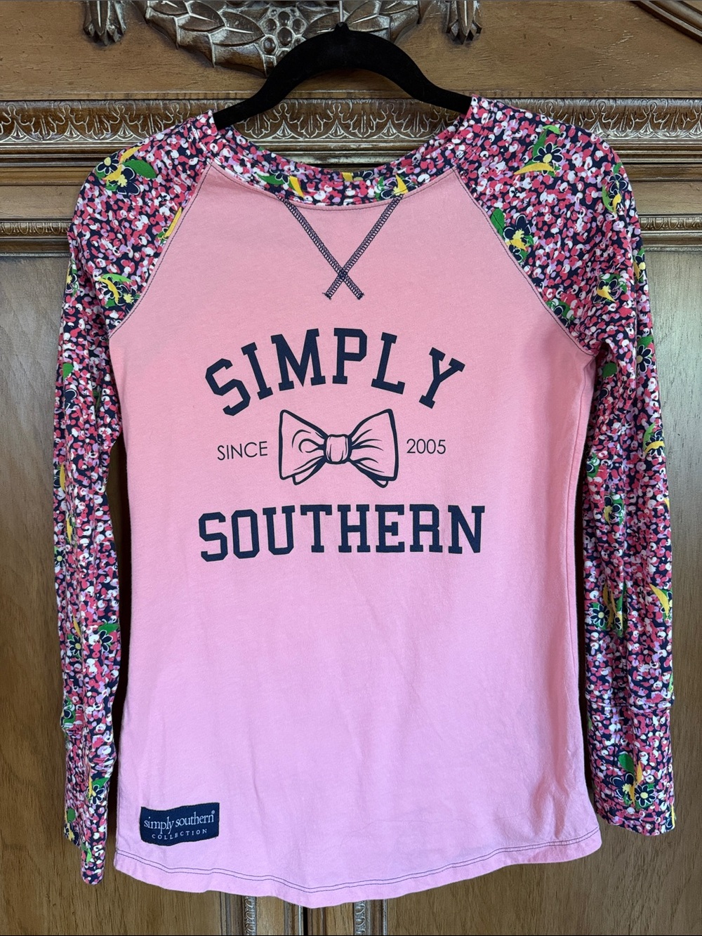 Simply Southern Pink Long-Sleeve Raglan Tee with Floral Sleeves